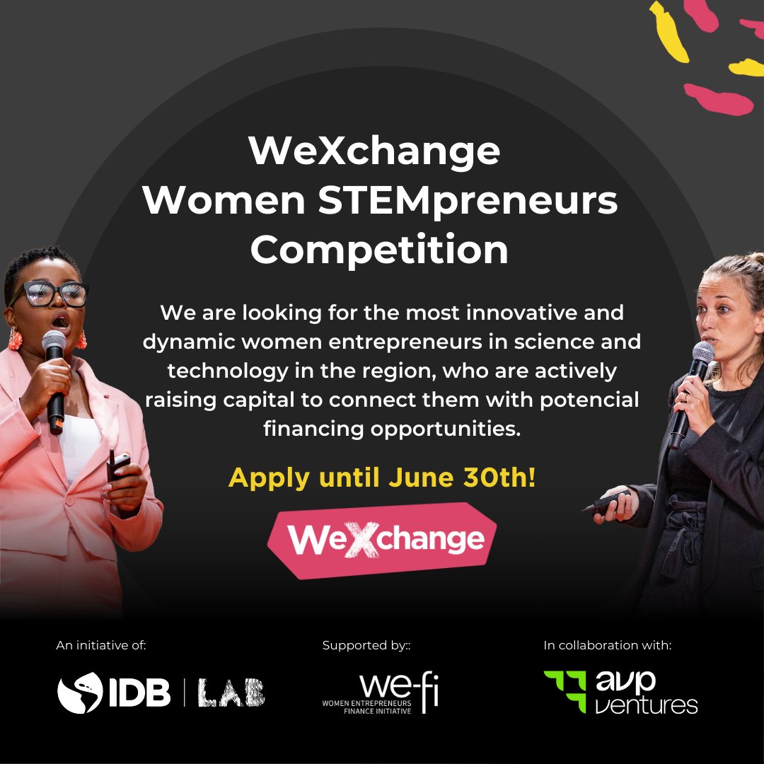 Are you a co-founder or part of the leadership team of a #STEM #Startup in the capital raising process? Apply to <a href="/WeXchange/">WeXchange</a> #WomenSTEMpreneurs Competition and pitch your company to #VC investors and key players in the #LATAM ecosystem: wexchange.co/en/convocatori…