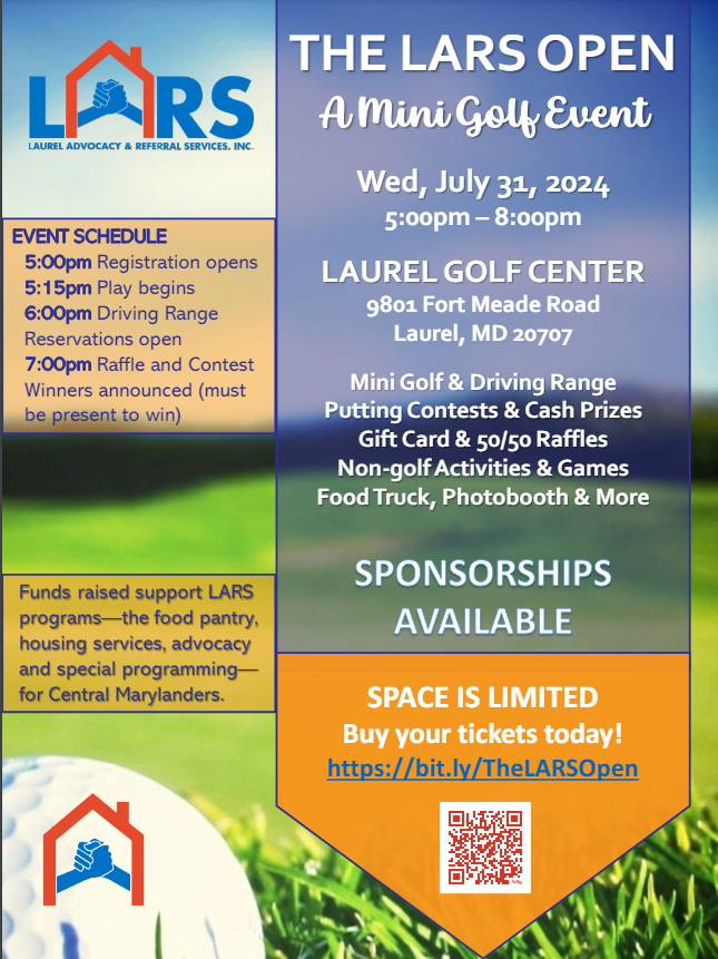 We are excited to announce the LARS Open, a Mini Golf Event coming to the Laurel Golf Center Wednesday July 31st! Join us for a night of family filled fun while giving back to the Laurel community. 

#NonProfit #Fundraiser #GiveBack #Community #FoodPantry