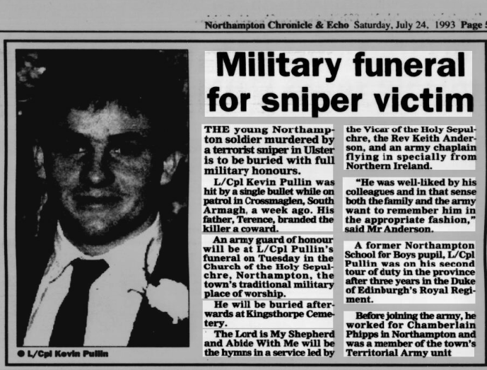 OnThisDayPIRA's tweet photo. #OnThisDay in 1993 the IRA murdered Kevin John Pullin, 28, only son. Soldier on 2nd NI tour on foot patrol, Carran Rd, Crossmaglen. Believed shot from elevated position 0.5 mile away. A .50 shot was fired from back of a van using bales as a platform. https://t.co/NV77qOElEb #OTD https://t.co/Ca4LEl37jR
