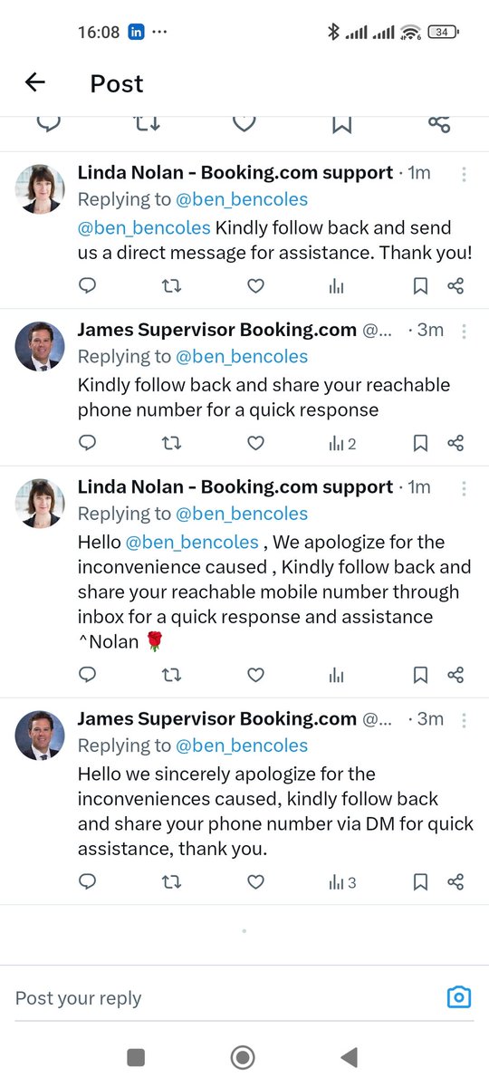 ben_bencoles's tweet photo. There seem to be multiple scammers who are aware @bookingcom 's shocking customer services means they can reach out to their countless frustrated customers, knowing @bookingcom will fail to make contact, giving people the impression they're genuine. https://t.co/Y0bWhPqtWh