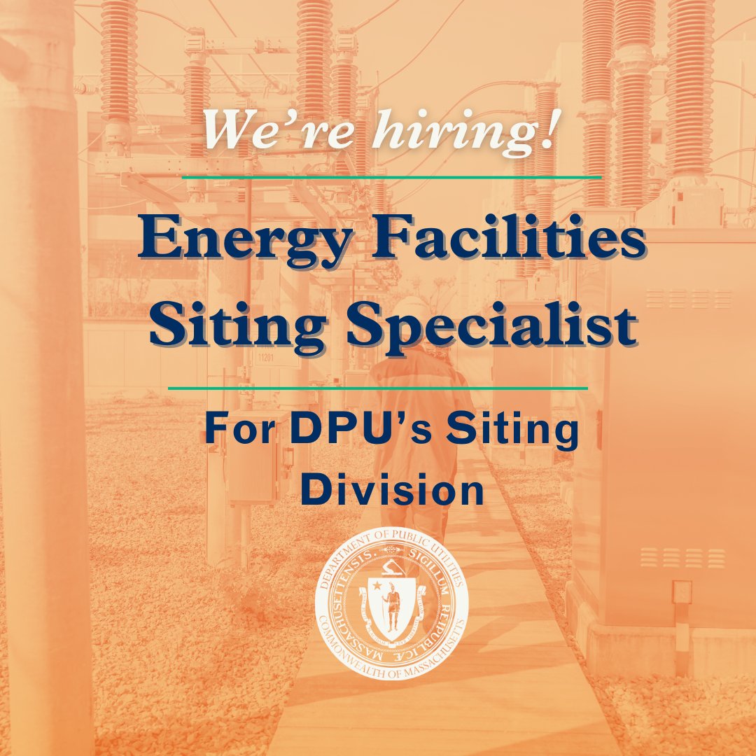 Apply for the DPU's Energy Facilities Specialist now! Learn more: lnkd.in/evey7Umb  
Are you ready for your next career with the Commonwealth? Apply today!