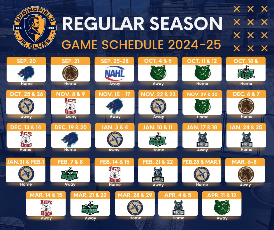 BREAKING: 2024-25 Regular Season Schedule has been released! 
Season opens at the Nelson Center Friday September 20th vs. the Anchorage Wolverines!