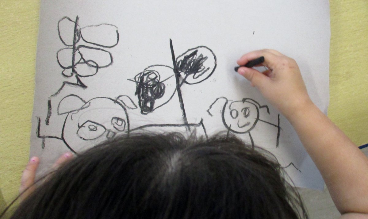 After reading 'The Very Hungry Caterpillar', children drew  pictures with charcoals then painted with watercolours. 
"Butterflies fly with their wings."
"I like butterflies."
"Me got a net indoors, can catch flies and worms."
"Butterflies were caterpillars and then it flies."