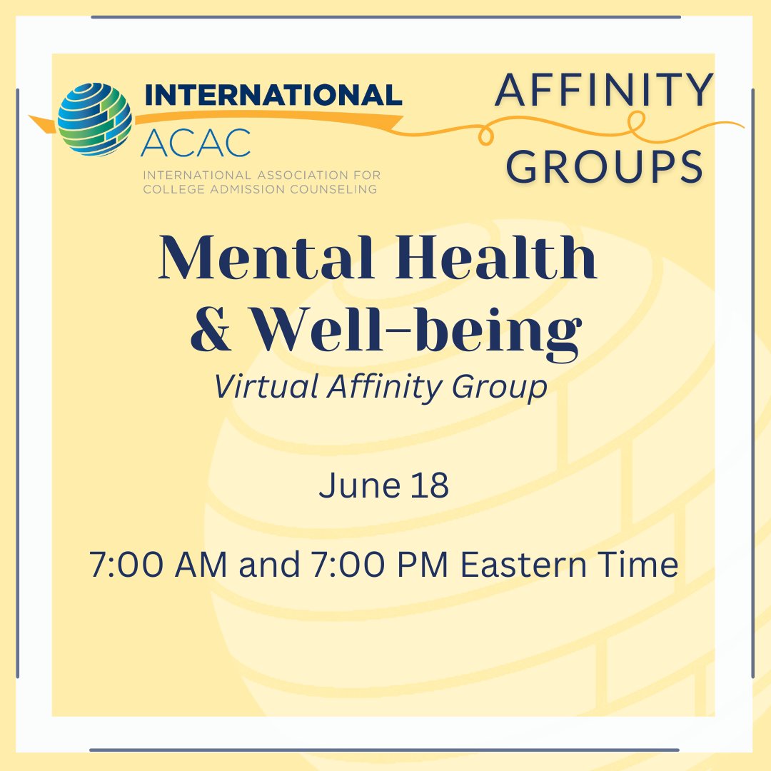 IntlACAC's tweet image. We hope to see you tomorrow, June 18 at 7:00 AM and 7:00 PM ET for our next Affinity Group meeting! Tomorrow&apos;s topic: Mental Health &amp;amp; Well-being. The registration links were emailed directly to members.