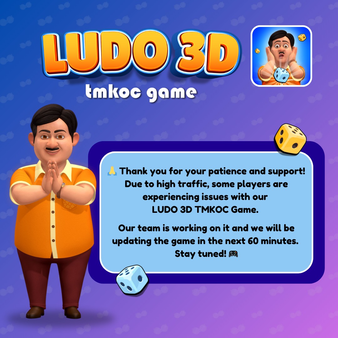 TMKOC_NTF's tweet photo. ๐ Thank you for your patience and support! Due to high traffic, some players are experiencing issues with our LUDO 3D TMKOC Game. Our team is working on it and we will be updating the game in the next 60 minutes. Stay tuned! ๐ฎ
#Ludo3D #TMKOC #UpdateComingย #PlayerSupport https://t.co/7rHSXbkME9