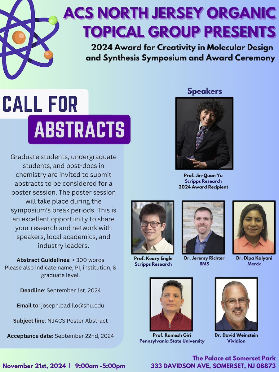 North Jersey ACS_Organic Topical Group (@njacs_otg) on Twitter photo The <a href="/NJACS_OTG/">North Jersey ACS_Organic Topical Group</a> 2024 Award for Creativity in Molecular Design and Synthesis call for abstracts is now open. This year's awardee is Prof. Jin-Quan Yu. Email abstracts to joseph.badillo@shu.edu by September 1, 2024. <a href="/YulabJin/">Yulab</a> <a href="/scrippsresearch/">Scripps Research</a> <a href="/AcsJersey/">North Jersey ACS</a> The <a href="/NJACS_OTG/">North Jersey ACS_Organic Topical Group</a> 2024 Award for Creativity in Molecular Design and Synthesis call for abstracts is now open. This year's awardee is Prof. Jin-Quan Yu. Email abstracts to joseph.badillo@shu.edu by September 1, 2024. <a href="/YulabJin/">Yulab</a> <a href="/scrippsresearch/">Scripps Research</a> <a href="/AcsJersey/">North Jersey ACS</a>