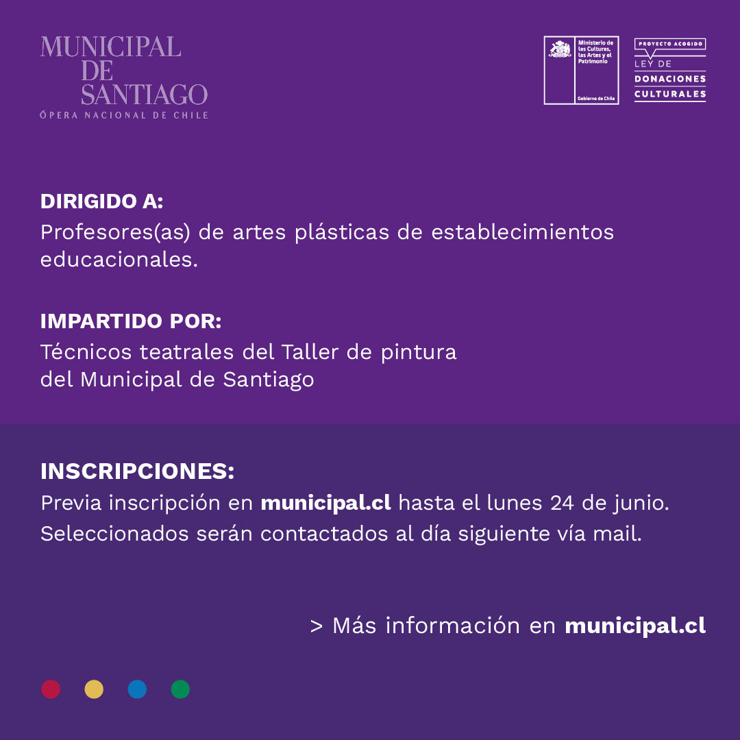 #MunicipalMásCerca | El Taller de Pintura del Municipal de Santiago recibirá a la tercera pasantía de profesores de artes plásticas. Esta actividad es realizada en convenio con <a href="/culturas_cl/">Ministerio de las Culturas</a>.

🔗 Inscripciones en shorturl.at/pWy9I