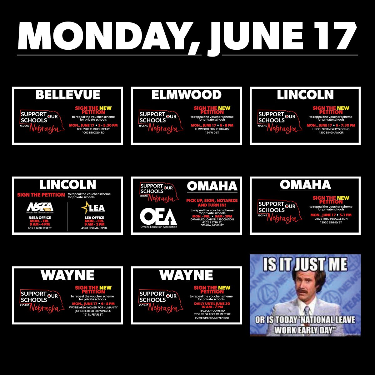 SOSNebraska's tweet image. Thinking of leaving work early this Monday? Tell your boss you&apos;re on a mission to sign a petition to keep public dollars in public schools. Education needs you more than that meeting does! 📚✏️ #WorkCanWait #SupportPublicSchools #HeroicHalfDay