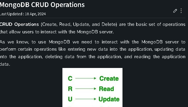 #LSPPDay17 #60DaysOfLearning2024 #LearningWithLeaffrog #LftechnologyToday on 17th day,
i learned about crud operation in mongo db from <a href="/geeksforgeeks/">GeeksforGeeks</a>