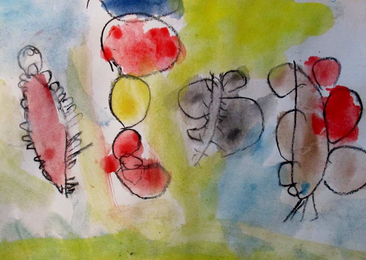 Children painted with watercolours after drawing with charcoals. They were inspired by 'The Very Hungry Caterpillar.'
"The butterfly popped out of a big thing, a cocoon."
"He was a caterpillar before."
"The butterfly had many colours. I saw a unicorn, fairy and mermaid."