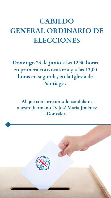 columnacarmona's tweet photo. El próximo 𝐝𝐨𝐦𝐢𝐧𝐠𝐨 𝟐𝟑 𝐝𝐞 𝐣𝐮𝐧𝐢𝐨 en la 𝐢𝐠𝐥𝐞𝐬𝐢𝐚 𝐝𝐞 𝐒𝐚𝐧𝐭𝐢𝐚𝐠𝐨, Nuestra Hermandad celebrará el Cabildo de Elecciones a Hermano Mayor. https://t.co/F30WEKUAna