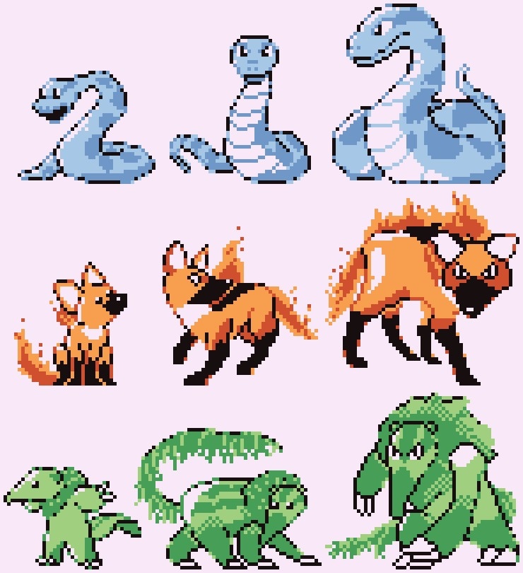 Pokémon were based on animals from Brazil. The sprites formed bases in the first games (Pokémon Red), and therefore limit me to the color palettes of that work. 

The idea is not to decorate too much so that the animals remain easily recognized. #pixelart #POKEMON #anime #game