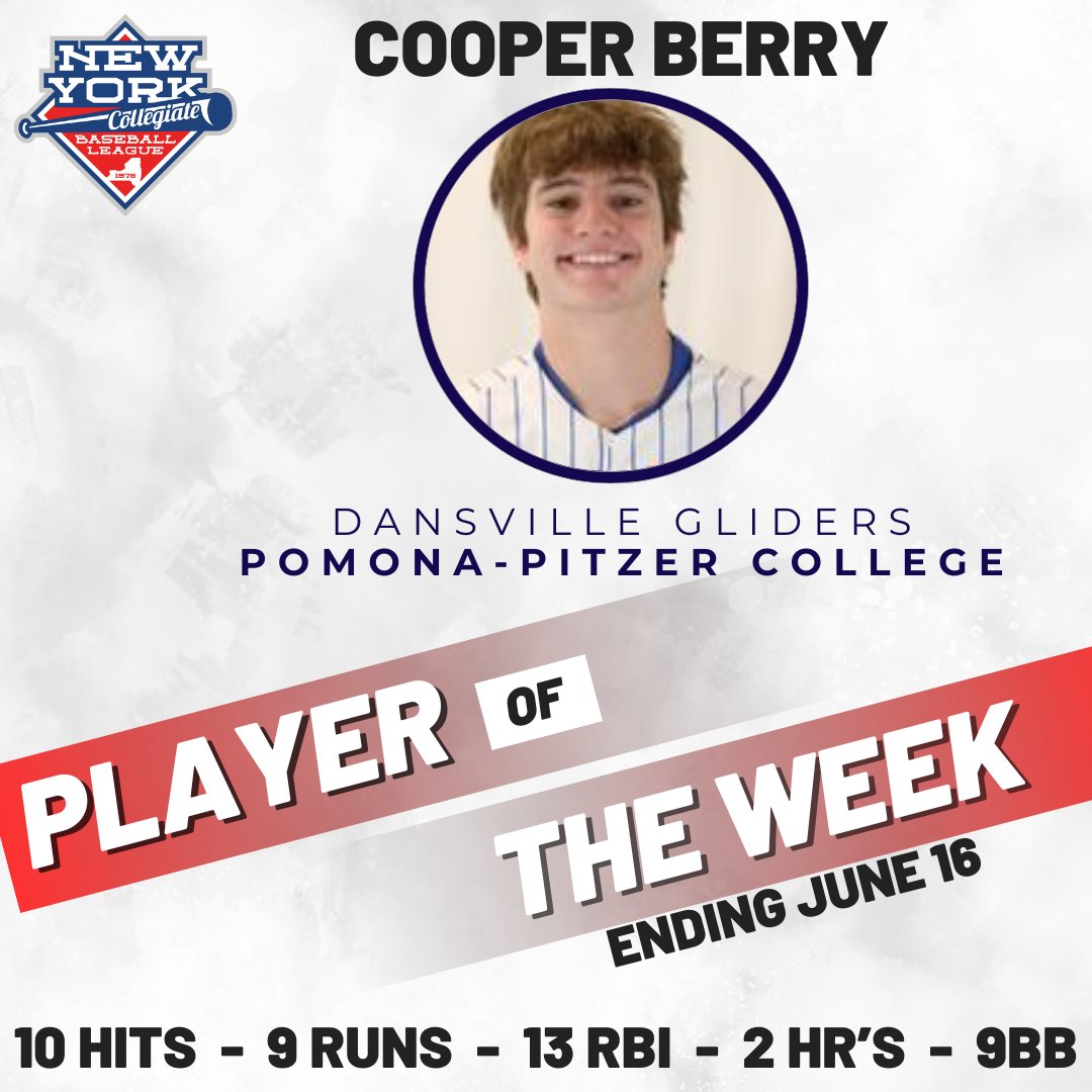 NYCBLbaseball's tweet photo. The NYCBL Week 2 (ending June 16th) PLAYER OF THE WEEK is Cooper Berry of the Dansville Gliders ⚾️@DansvilleGlider https://t.co/mevqSlV2Pl