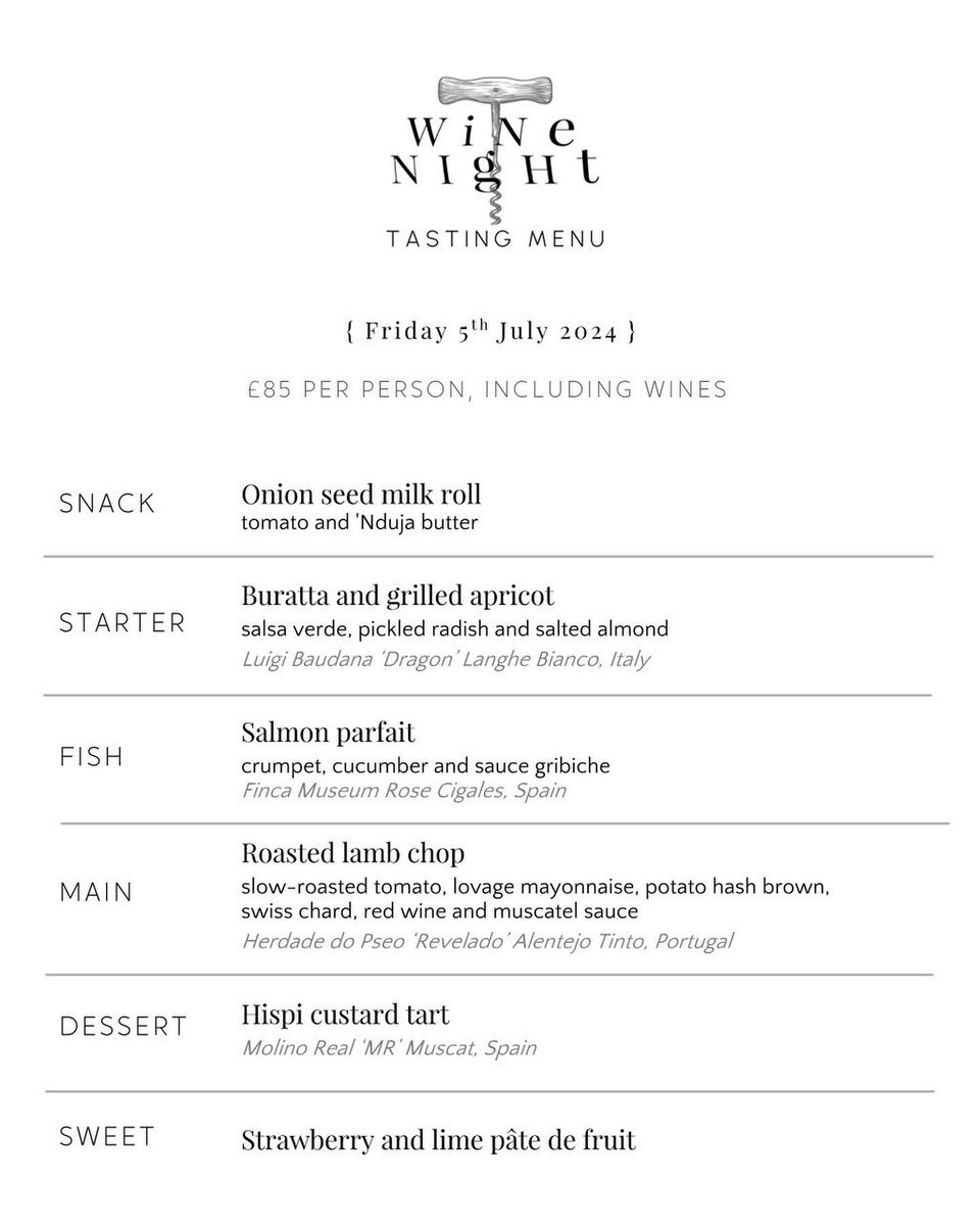 Our next wine night is Friday 5th July and it’s Head Chef James’s debut menu! We’re expecting a busy one so booking is advised. We look forward to welcoming you for another evening of fantastic food and wine 🍷