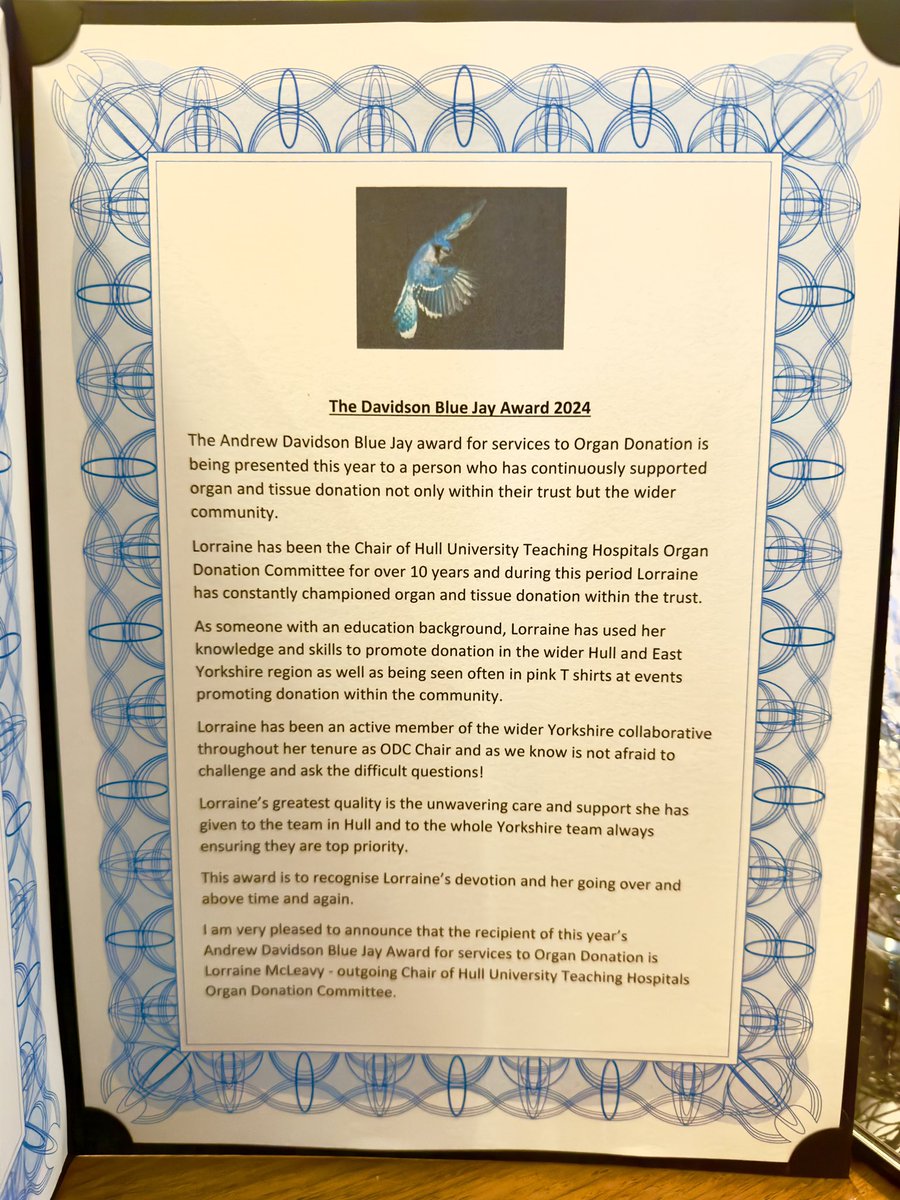 Today, we said goodbye to a much loved and admired Organ Donation Committee Chair - Lorraine McLeavey. This rare Blue Jay Award was given to Lorraine a few days before her passing. Her family especially husband Mike are extremely proud of this award as we all are in Yorkshire.💗