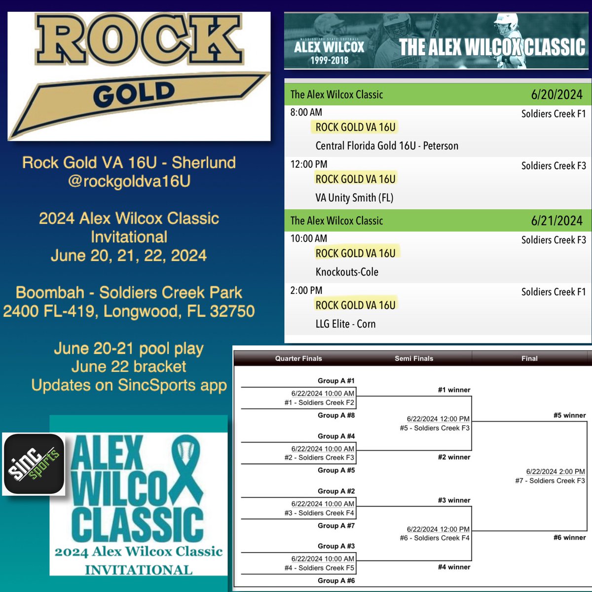 This week the ROCK show goes to Florida to play in The Alex Wilcox Classic Invitational, June 20-22, 2024. Honored to raise awareness for ovarian cancer. #NoOneFightsAlone #BeProactive #TealRibbon #GeauxTeal #AllForAlex #BallOutAllOut #StandinOnBusiness #TogetherWeROCK 🎗️🩵🤘🥎