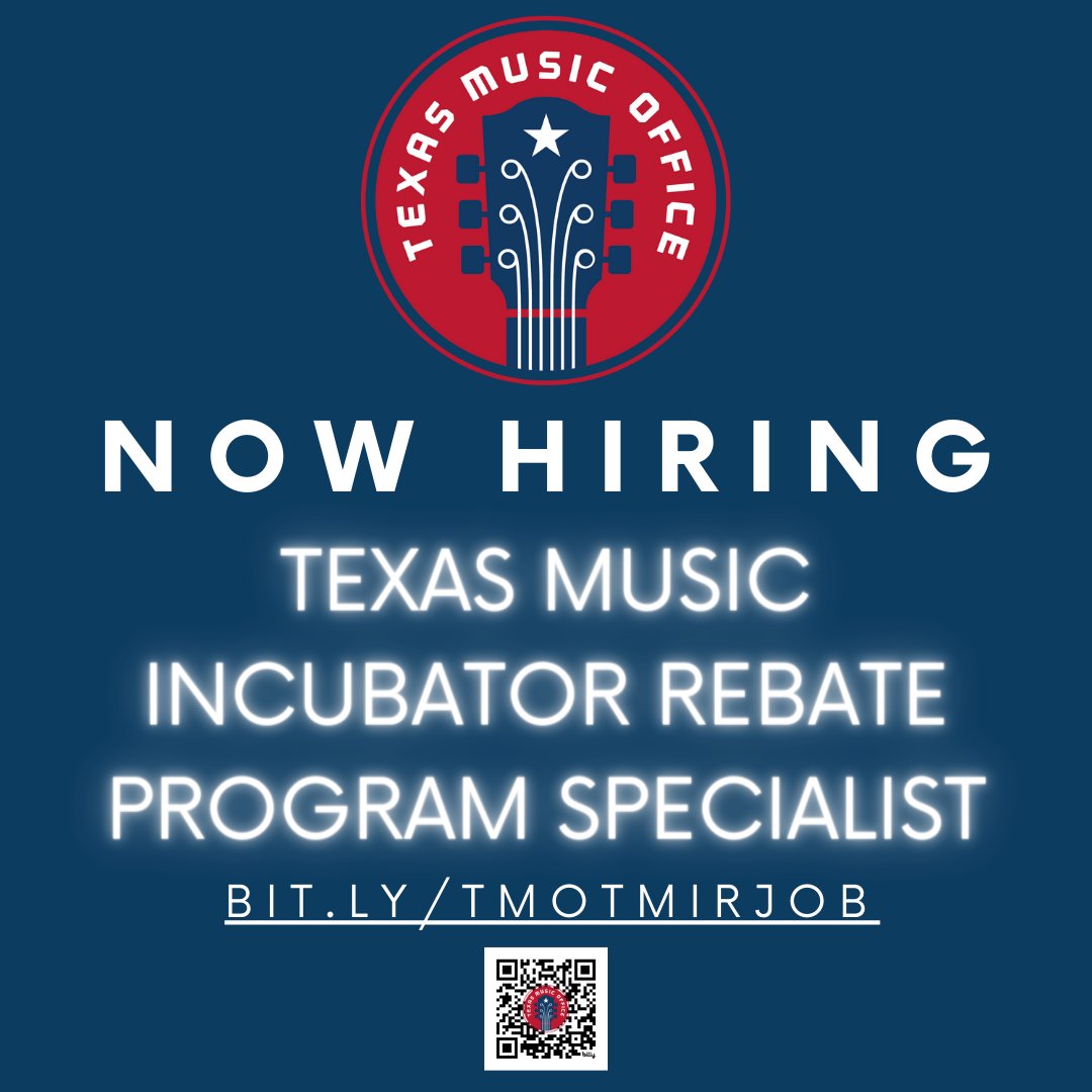 The Texas Music Office is hiring to fill an open position to administer the historic Texas Music Incubator Rebate Program (TMIR) for music venues and festivals, under the title of TMIR Program Specialist IV. Join us! #TexasMusicJobs #TexasMusicOffice 

🔗bit.ly/tmotmirjob