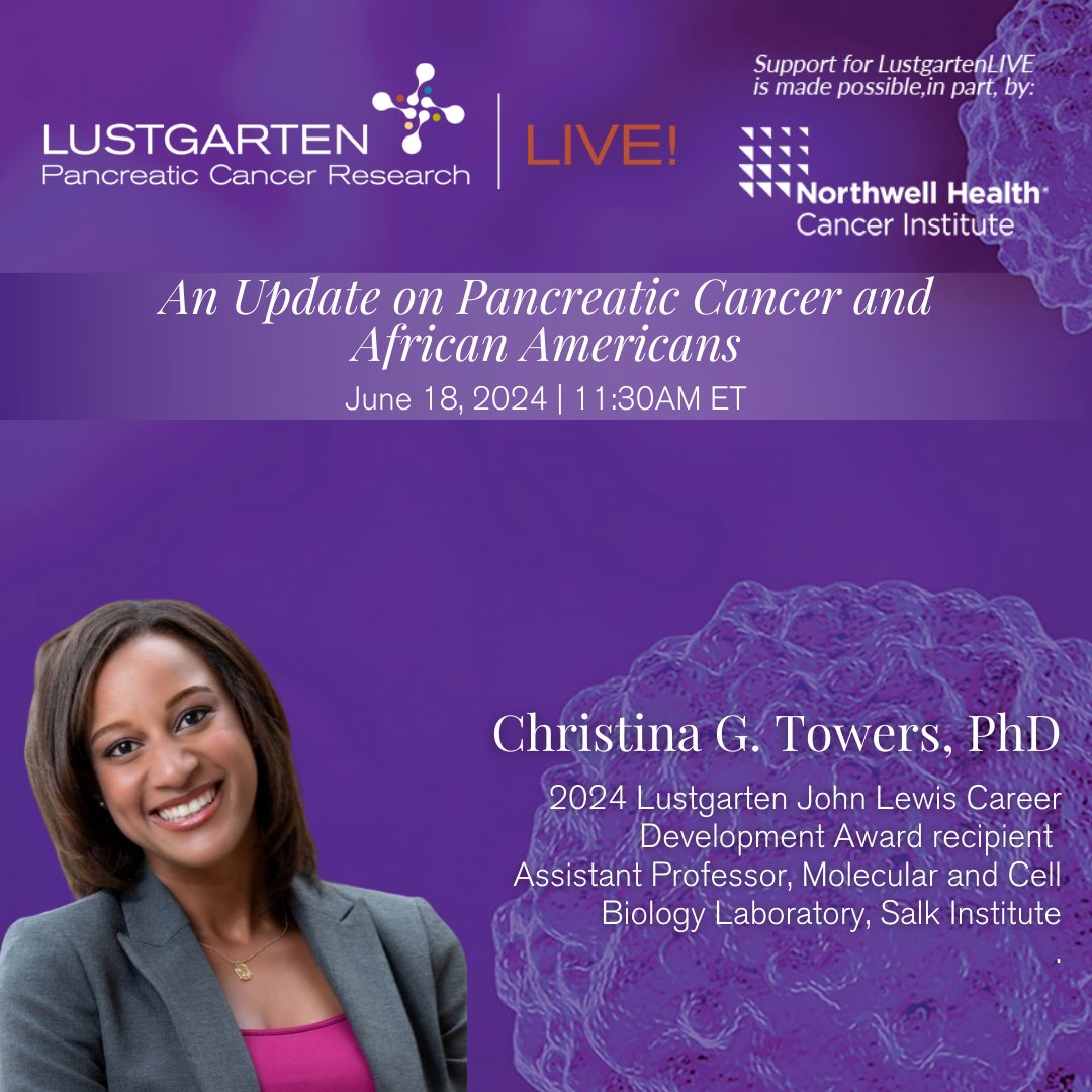 TOMORROW! ⭐ In honor of Juneteenth, join renowned researchers for "A Critical Conversation on Pancreatic Cancer Among African Americans."
Researcher spotlight! Don't miss Christina Towers, PhD, discuss updates on her Lustgarten-funded research! lustgarten.org/juneteenth