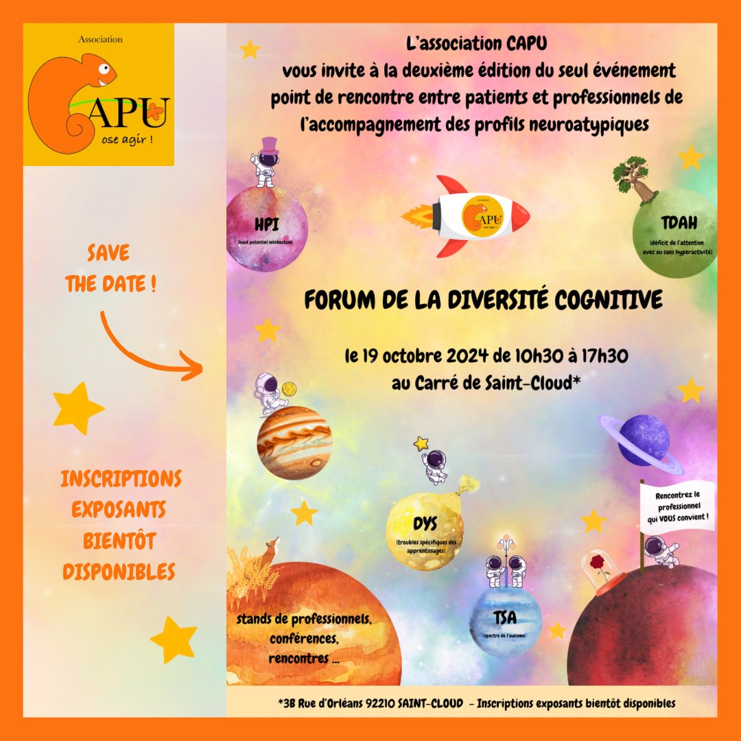 AssociationCapu's tweet photo. 👨‍⚕️👩‍⚕️Notre forum de professionnels spécialisés dans l’accompagnement des profils neuroatypiques est de retour pour une seconde édition ! Une journée qui met à l’honneur les différences invisibles pour les yeux 🌹🦊🌾⭐️🪐 https://t.co/VEZ3lRpyA8