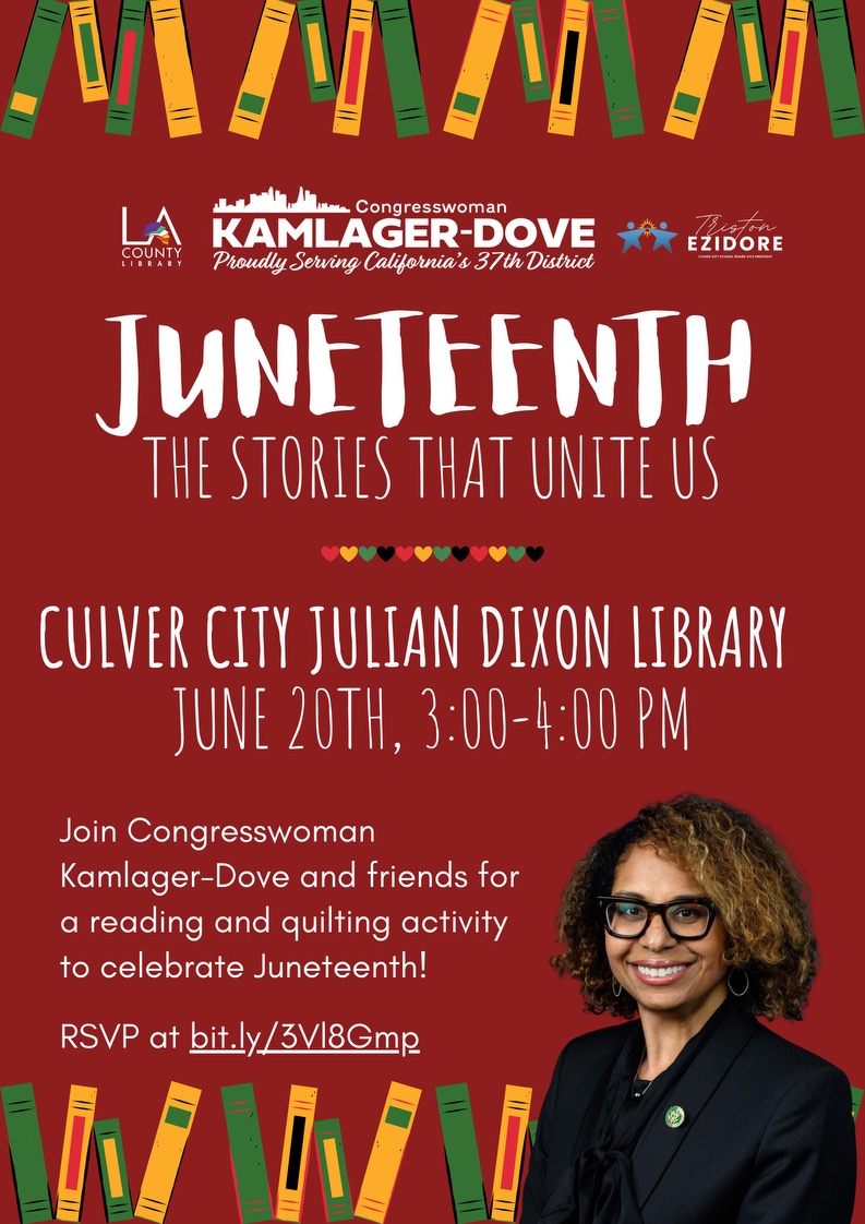 LA Dads Group (@ladadsgroup) on Twitter photo This week we celebrate #Juneteenth and encourage you to bring the kids out on June 20th from 3-4pm for storytelling with <a href="/RepKamlagerDove/">Congresswoman Sydney Kamlager-Dove</a> at the Culver City Julian Dixon Library! RSVP: visit.lacountylibrary.org/event/11074967 This week we celebrate #Juneteenth and encourage you to bring the kids out on June 20th from 3-4pm for storytelling with <a href="/RepKamlagerDove/">Congresswoman Sydney Kamlager-Dove</a> at the Culver City Julian Dixon Library! RSVP: visit.lacountylibrary.org/event/11074967