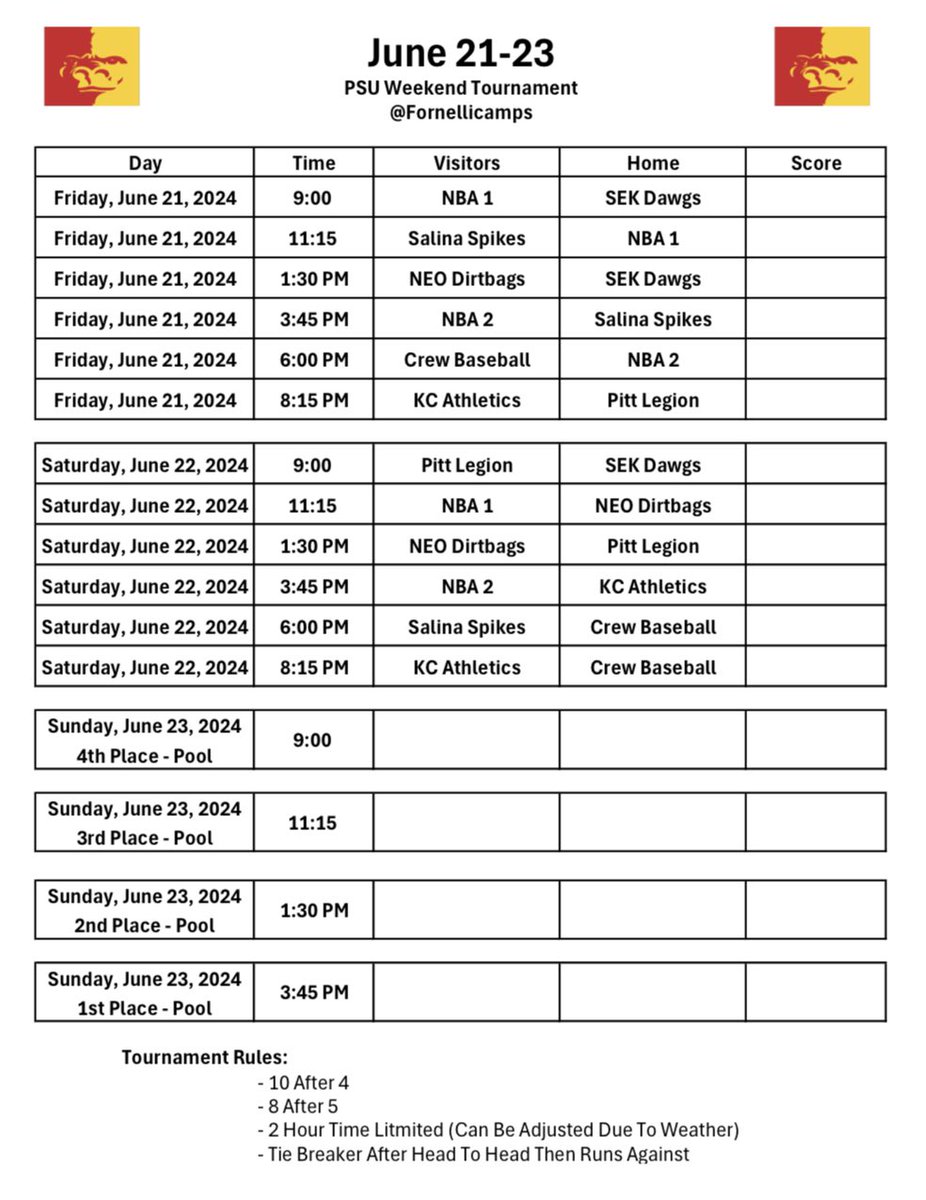 Schedule for this weekend tournament June 21-23.