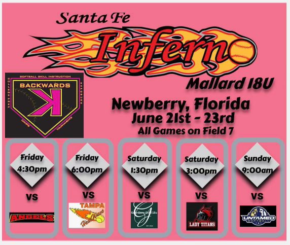 Santa Fe Inferno Mallard plays in the backwards K tournament this weekend June 21st-23rd. <a href="/FlaglerSoftball/">Flagler Softball</a> <a href="/kayleeallen88/">Kaylee Allen</a> <a href="/IrscSoftball/">IRSC Softball</a> <a href="/DSC_SBall/">Daytona State Softball</a>
