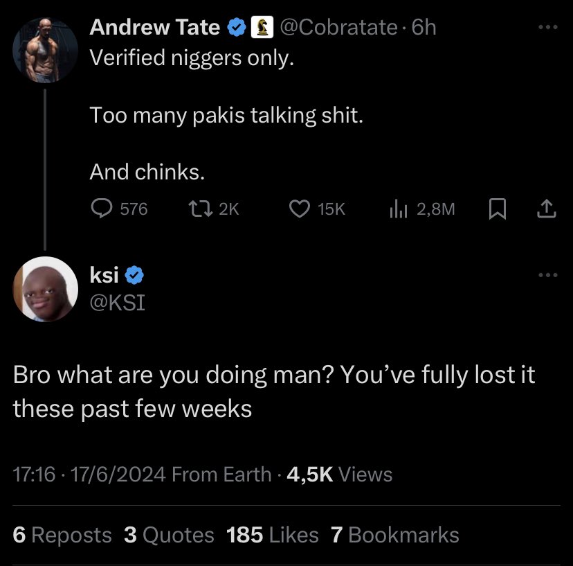 DramaAlert's tweet photo. KSI calls out Andrew Tate after he made a RACIST tweet.. ‼️ https://t.co/YczqHVOrtj