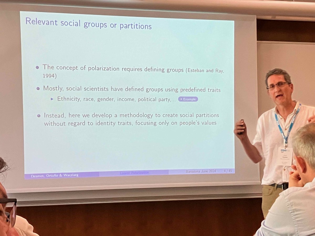 Political economy at the #BSEForum
From <a href="/klausvanieper/">Klaus Desmet</a>: latent polarization of the U.S. public in terms of values has been high but stable while political partisan polarization has increased
events.bse.eu/live/files/520…