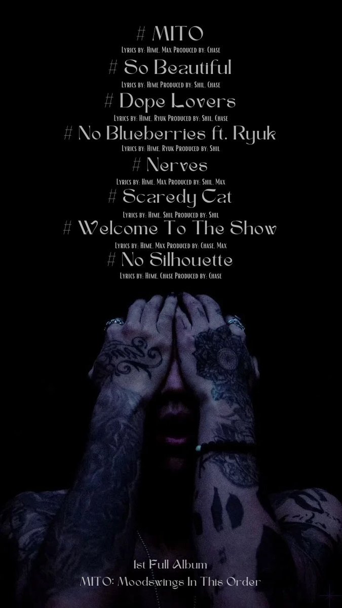 leeveent's tweet photo. @HIMEHIMMEKO @AKAMURYUK ⠀
The 1st Full Album 'MITO: Moodswings In This Order' 
🎵 Tracklist &amp; Credits

#HIME #Moodswings_In_This_Order 
#MITO #LEEVEENT
⠀ https://t.co/mxL7515TOP