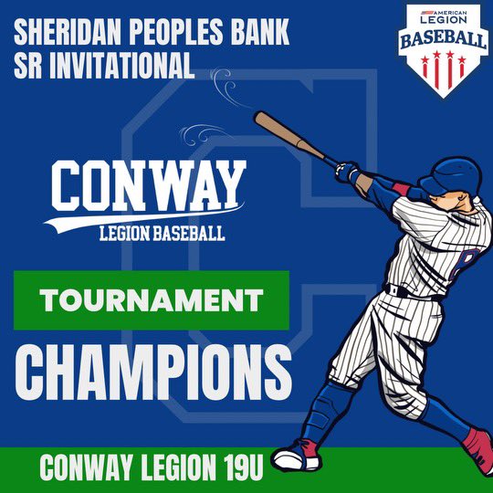 Congrats to Conway AAA Legion for winning the Sheridan Sr Legion Tournament this weekend! That’s 3 tournament championships for 3 different Conway Legion teams the past 2 weekends!

Seminals:
Conway 13, Texarkana 4

Championship:
Conway 5, Cabot 4 (8 inn)