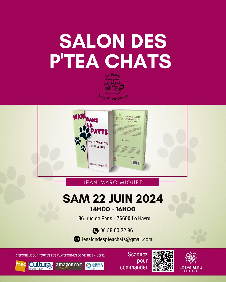 Samedi prochain je serai au Salon des P'Tea Chats,rue de Paris au #Havre.
Les droits d'auteur du livre sont reversés à l'association Association La Patte Normande. 
#causeanimale 
#chat