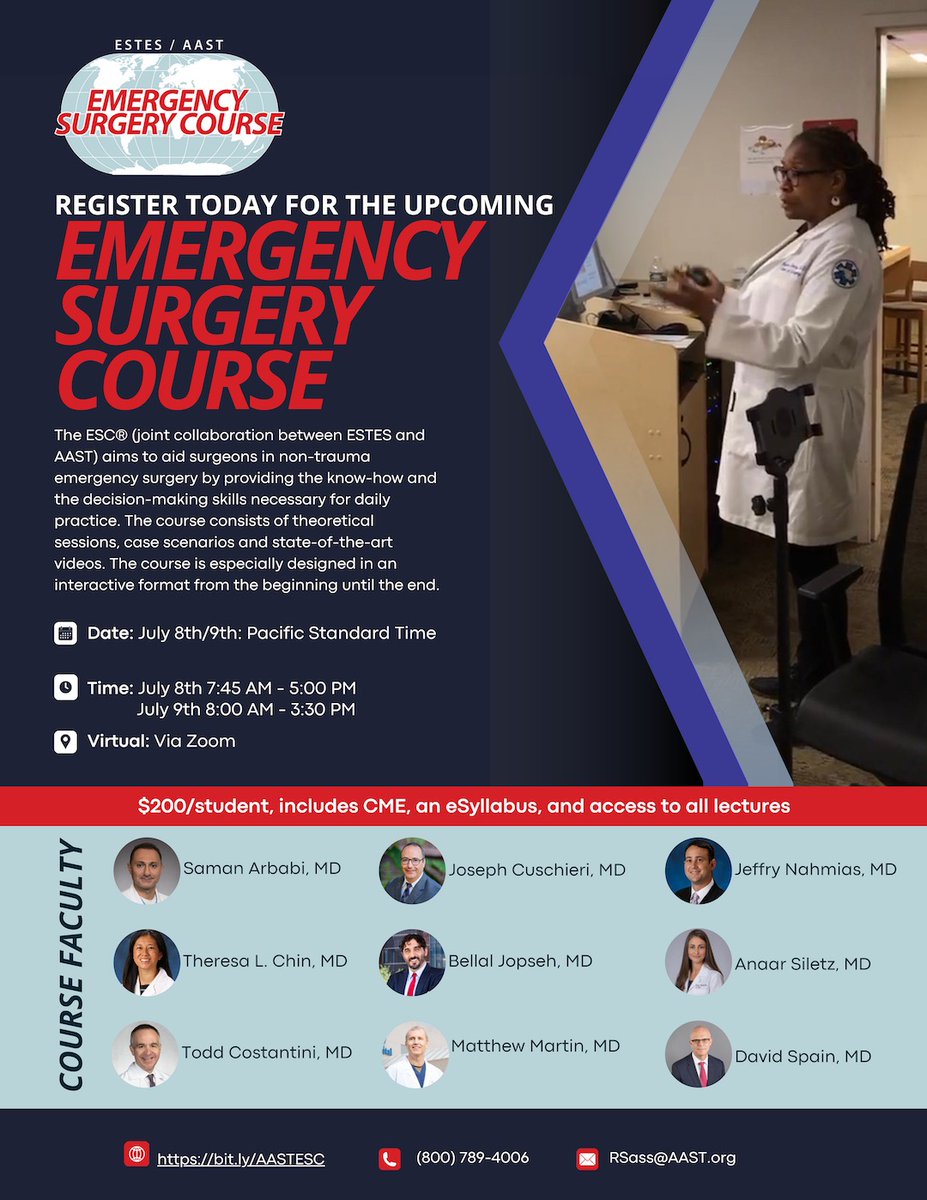 AAST (@traumadoctors) on Twitter photo Enjoy interactive learning with ESC! From theoretical sessions to case scenarios and more, this course enhances your practical and decision-making skills.
aast.org/education/acti…
<a href="/TWCostantini/">Todd Costantini</a> <a href="/JoeC_TraumaDoc/">Joseph Cuschieri</a> <a href="/TopKniFe_B/">Bellal Joseph</a> <a href="/docmartin22/">Matthew Martin, MD, FACS, McRIB</a> @jnahmias1@DavidASpain <a href="/estesonline/">European Society for Trauma & Emergency Surgery</a> Enjoy interactive learning with ESC! From theoretical sessions to case scenarios and more, this course enhances your practical and decision-making skills.
aast.org/education/acti…
<a href="/TWCostantini/">Todd Costantini</a> <a href="/JoeC_TraumaDoc/">Joseph Cuschieri</a> <a href="/TopKniFe_B/">Bellal Joseph</a> <a href="/docmartin22/">Matthew Martin, MD, FACS, McRIB</a> @jnahmias1@DavidASpain <a href="/estesonline/">European Society for Trauma & Emergency Surgery</a>