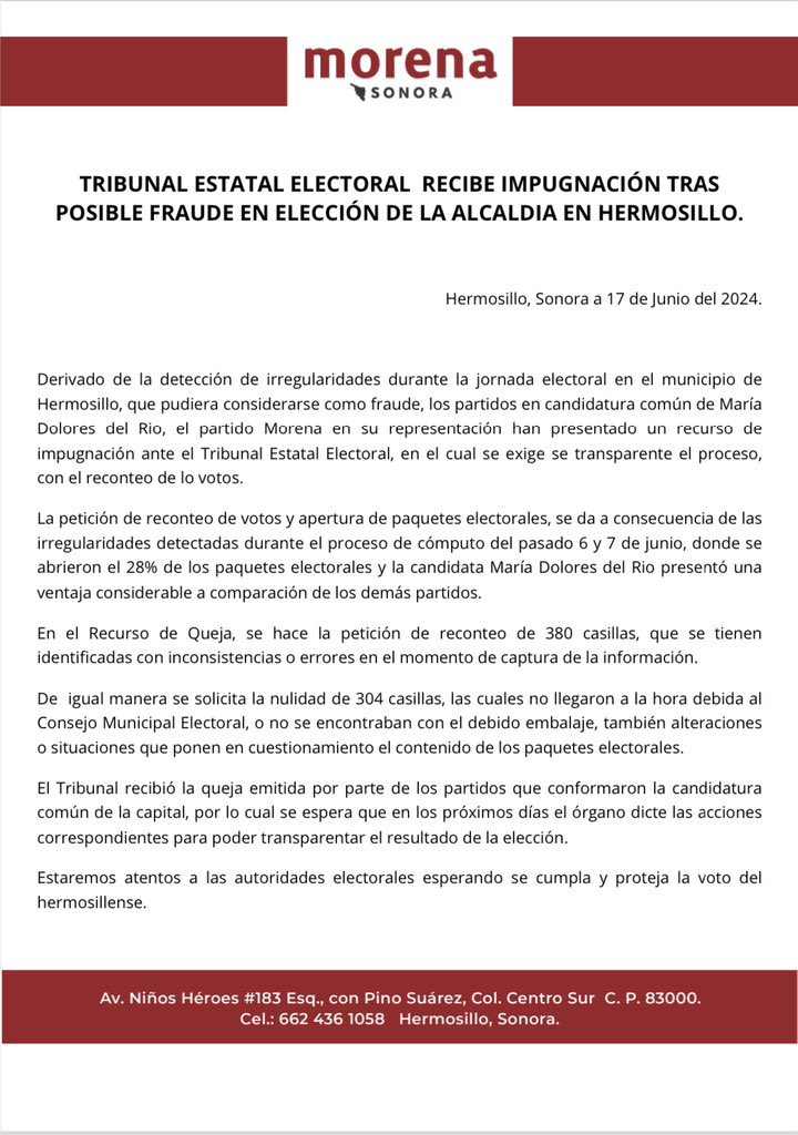 politicusmx's tweet photo. Comunicado por parte de Morena Sonora sobre la Elección de Hermosillo. @MorenaenSonora @abeImonjaraznot @jcnavarroc @jdavidmendozar https://t.co/C0eWyiOmZE