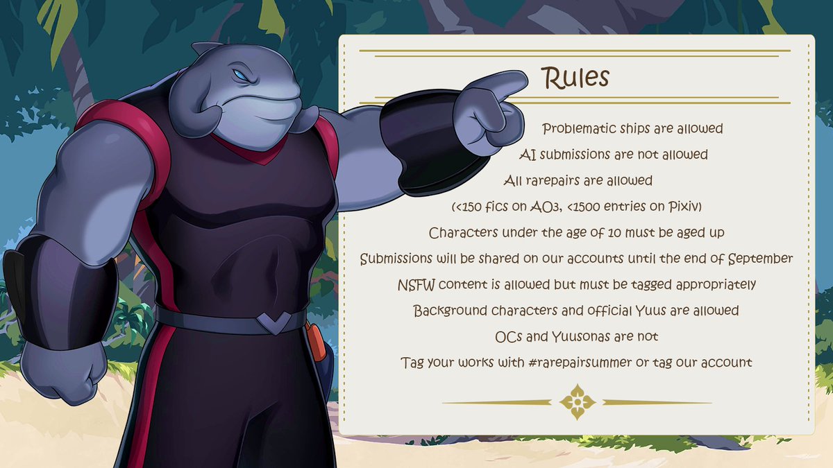 TwstRarepair's tweet photo. The rules are mostly the same with only the number limits changing! Make sure to stick to them for the best experience for everyone participating in the event!
#twst #twistedwonderland #rarepairsummer https://t.co/183IJaLa6K