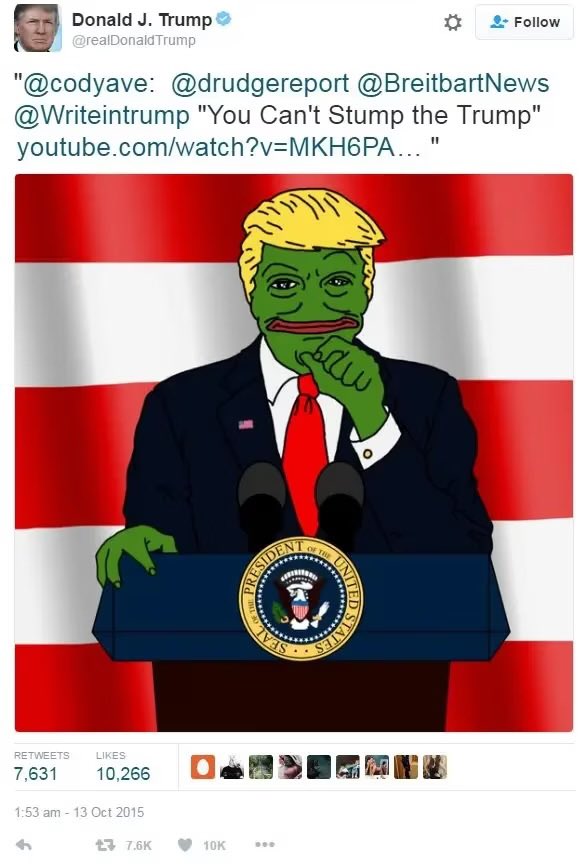 3LUEKEK's tweet photo. Yes #Trump did in fact tweet this meme. Pepe Trump is one of the most iconic 4CHAN memes of all time. @DonaldJTrumpJr remember when this started the deplorables movement? 

$PTRUMP is here to stay. https://t.co/O58gn7dhtX
