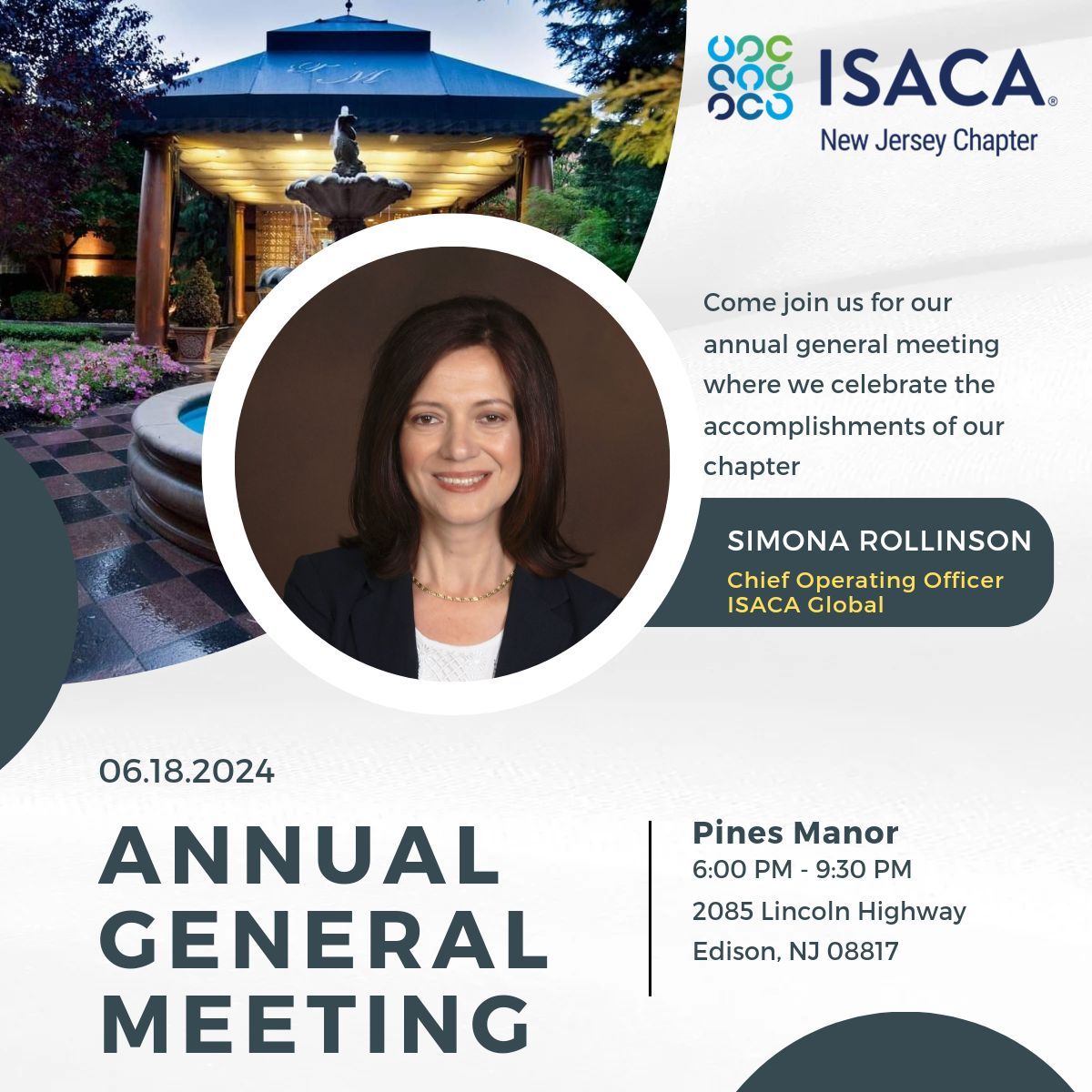 Spots are filling up! Come join us for our Annual General Meeting on June 18, 2024 at the Pines Manor in Edison NJ. We will have Simona Rollinson the COO of ISACA global speaking! Registration is open! buff.ly/4bAH0kn