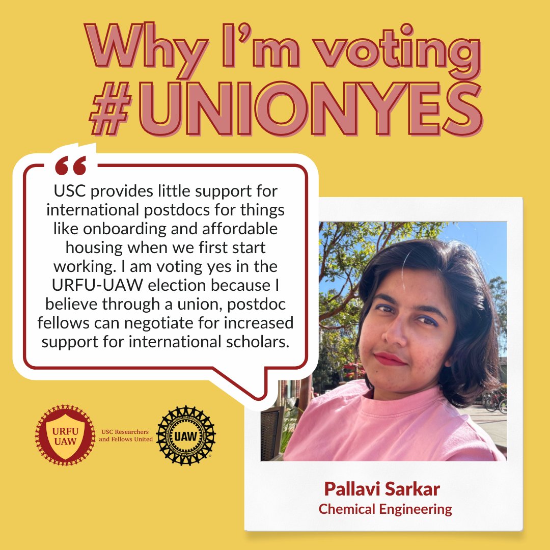 Pallavi is voting #UnionYes because international postdocs deserve affordable housing and onboarding support; both are things we can win with a union. Join her and head to the polls Thursday June 20th &amp; Friday June 21st to vote YES in our union certification election!