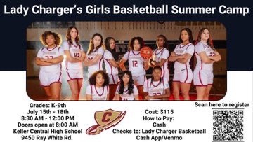 🚨Reminder🚨

Don’t forget to register for Lady Charger Basketball Camp!⚡️ Follow the QR code on the graphic below to register! Looking forward to seeing everyone July 15th at the Bolt!⚡️

#CampSzn