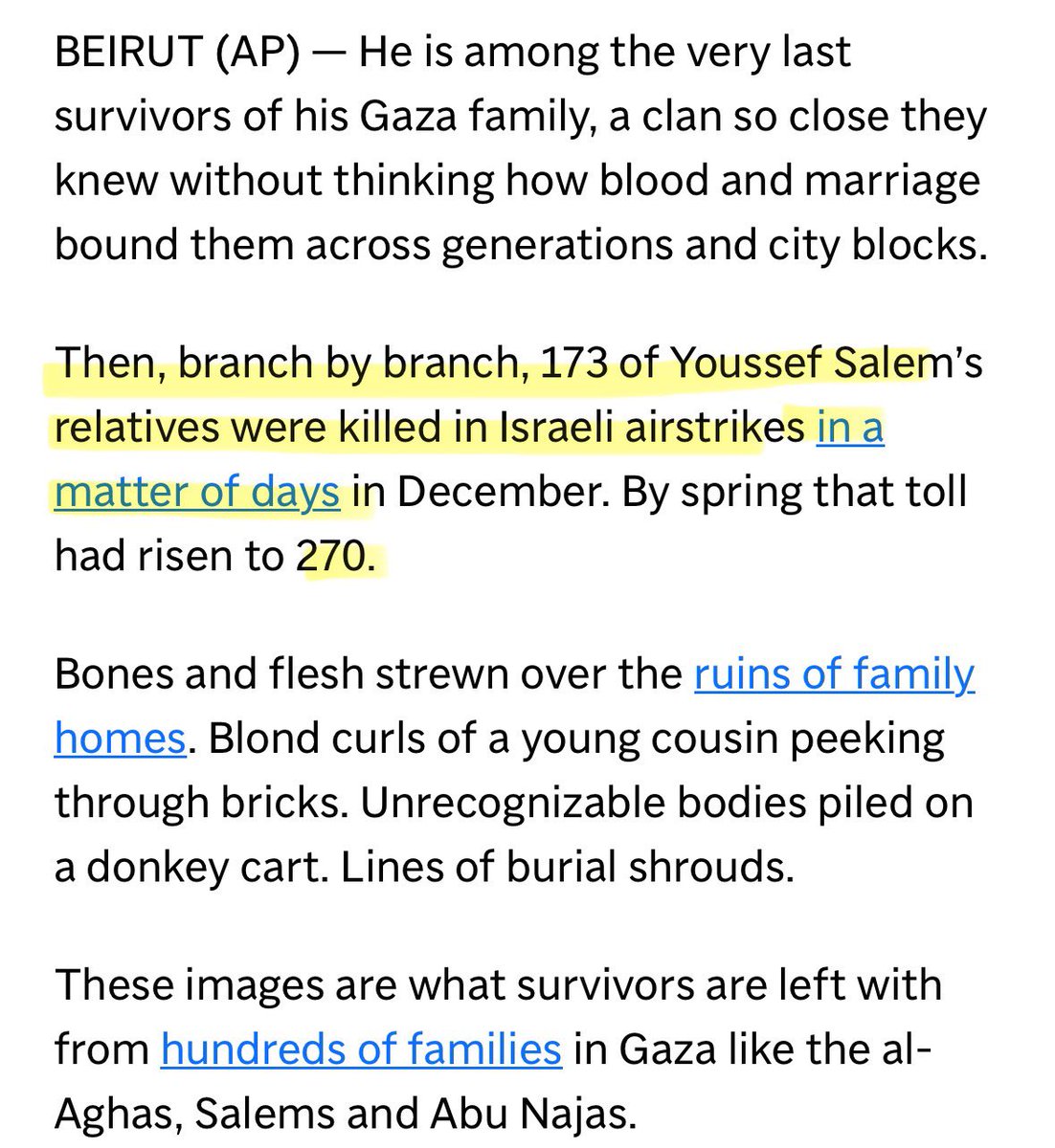 SanaSaeed's tweet photo. AP report confirms that Israel’s genocide in Gaza is wiping out Palestinian families at a rate we’ve never seen before. They documented 60 families who’ve lost at least 25 members &amp; across generations. 

The thing is, we knew this was happening back in October (last image). https://t.co/8VZhfACu0X