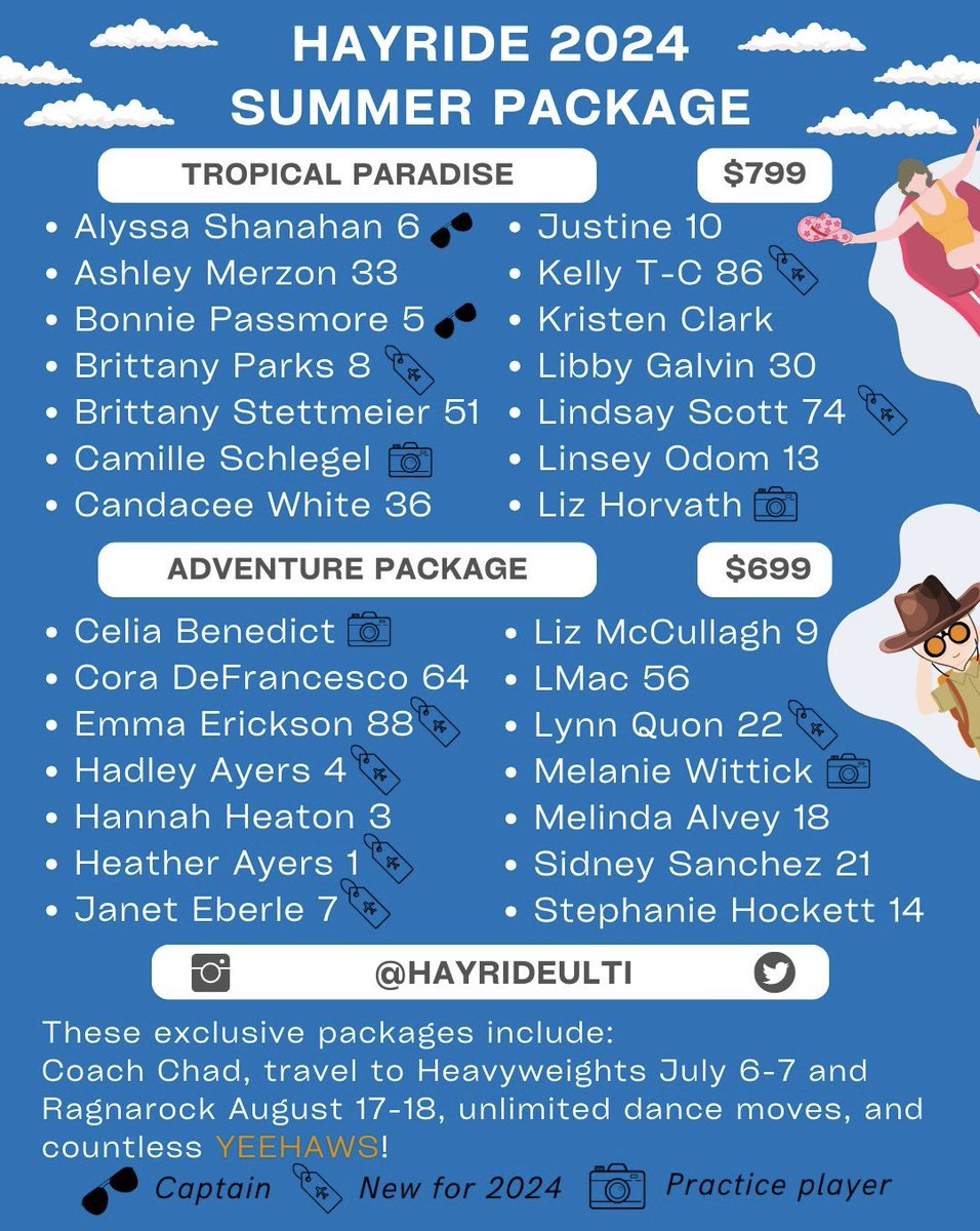 GRAB YOUR BAGS ITS TIME FOR A SUMMER VACATION! The best summer ultimate plans are made with Hayride!!! Book your matchups now on Instagram and Twitter! 

(Names are in alphabetical order and money don’t mean a thaaaang)