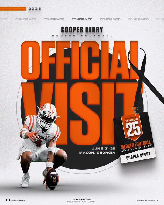 Cooper Berry (@cooperberry11) on Twitter photo Locked in my official visit with Mercer June 21-23! <a href="/CoachJones_25/">Fred Jones</a> <a href="/ShaedonMeadors/">Coach Meadors</a> <a href="/coach_mjacobs/">Mike Jacobs</a> Locked in my official visit with Mercer June 21-23! <a href="/CoachJones_25/">Fred Jones</a> <a href="/ShaedonMeadors/">Coach Meadors</a> <a href="/coach_mjacobs/">Mike Jacobs</a>