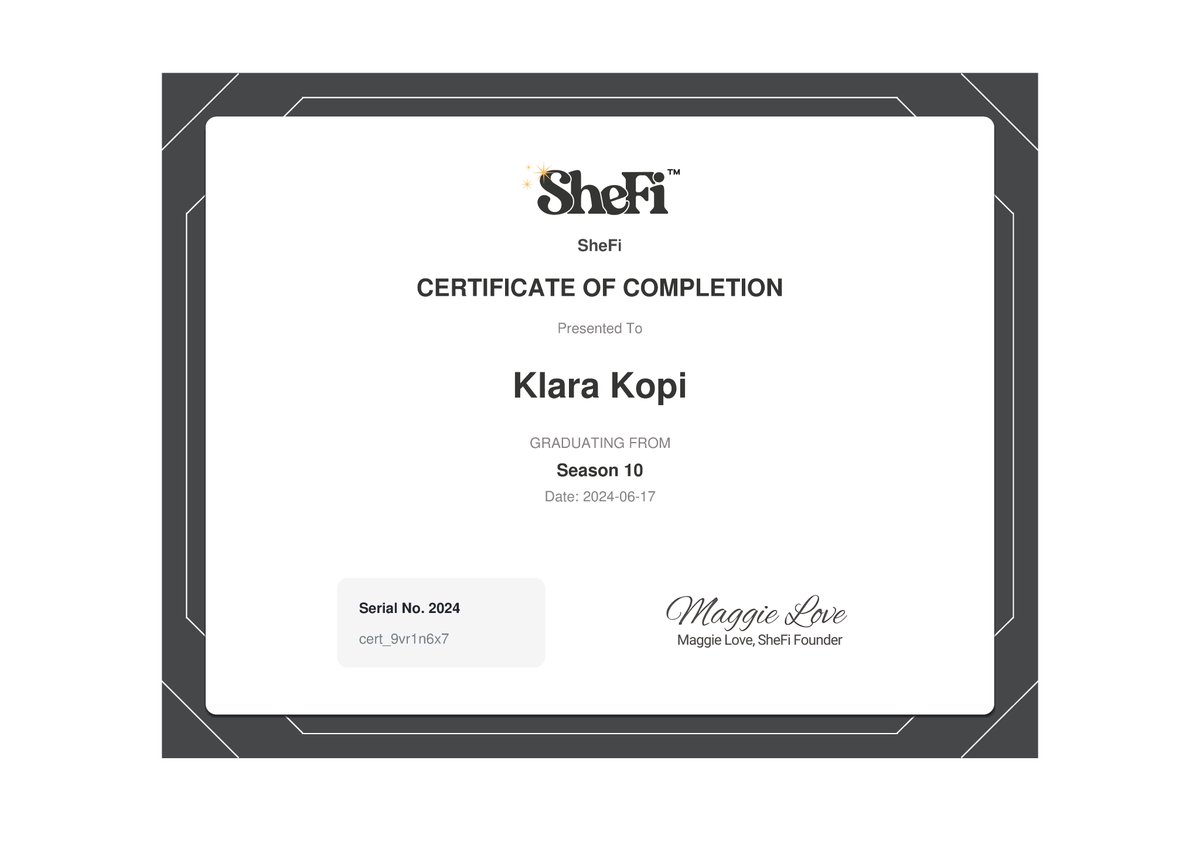klarakopii's tweet image. Concluded my @shefiorg course, what a ride! Learned a lot about all things web3 during this time 💜
Thank you @sheisnear23 for sponsoring my scholarship, I hope to build a lot of cool things. I&apos;m very thankful for the opportunity!