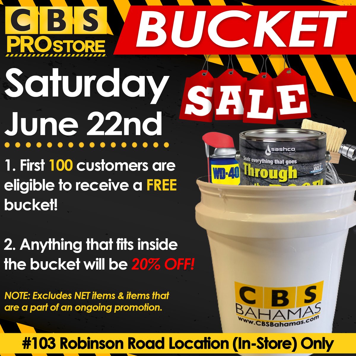 CBSPROstore's tweet photo. Our famous CBS Bucket Sale is coming to the CBS PROstore π₯³π οΈ! Join us this Saturday at our Robinson Road location for an incredible deal you won't want to miss.
#CBSPRO #buildbeautiful https://t.co/J0wsFognOi