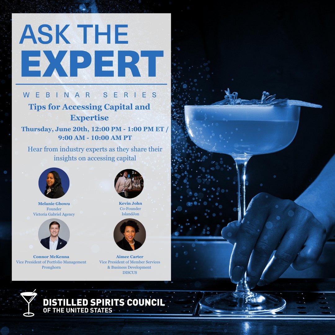 Capital and expertise are two critical components on the path towards success w/in the spirits industry  

Join us for the next "Ask The Expert: Tips for Accessing Capital and Expertise" webinar to learn more about bringing innovative brands to the market: bit.ly/4enXUV9
