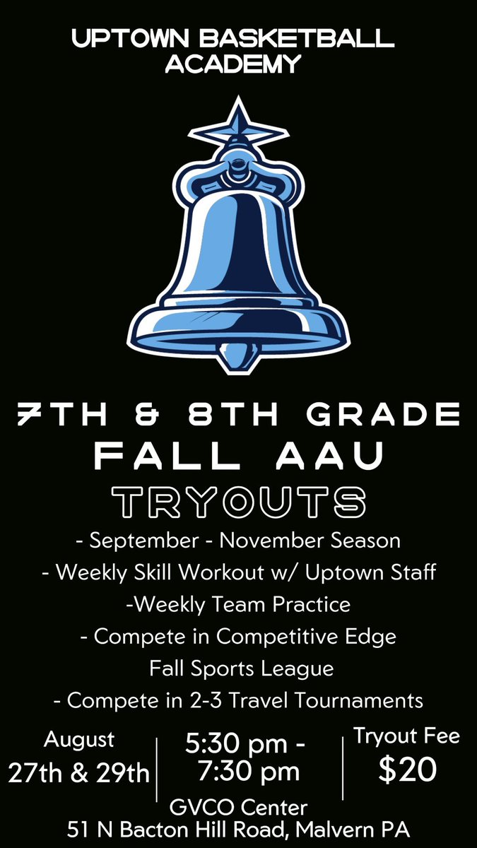 🚨 Massive Announcement 

🏀 Uptown Basketball Academy will be holding 7th and 8th grade boys tryouts for the Fall AAU Season

🗓️ August 27th and 29th 5:30-7:30 at GVCO

📩 DMs are open for questions/additional information.
