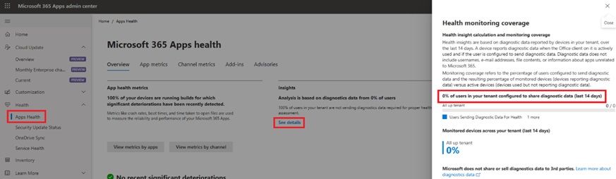 Enable Office Diagnostic Data to unlock the power of Microsoft 365 Apps health.: In the Microsoft 365 Apps admin center you can monitor your Microsoft 365 Apps health as well as leverage update validation during your monthly… bit.ly/4b5onUE #Microsoft365 #Microsoft