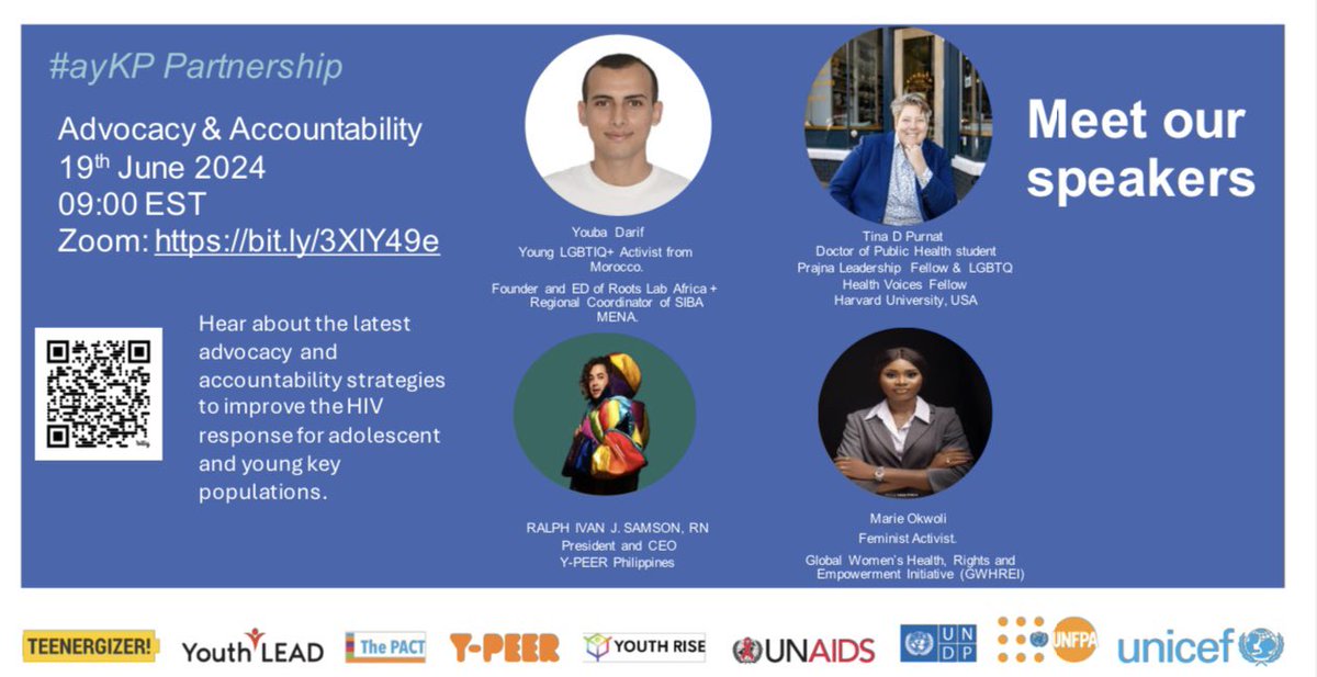 Join young leaders to learn about key advocacy and accountability strategies to drive action on adolescent and young key populations in the HIV response. Our exciting webinar will be on Wednesday 19th June, 09:00 EST.
Register here: bit.ly/3XlY49e