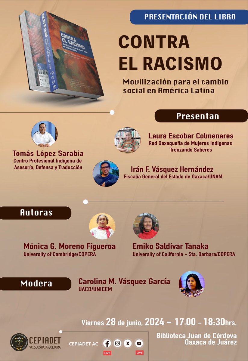 CEPIADET (@cepiadet) on Twitter photo #PresentaciónDeLibro | CONTRA EL RACISMO Movilización para el cambio social en América Latina
Estarán presentes:
Tomás López Sarabia
<a href="/LauraEscobarCo1/">Laura Escobar Colmenares</a>
Irán Vázquez Hernández
Con la moderación de
<a href="/xaamkiixy/">Carolina Vásquez</a>
Autoras
<a href="/MonicaMorenoFig/">Dr. Monica Moreno Fig...</a>
Emiko Saldivar
#DiversidadSinRacismo #PresentaciónDeLibro | CONTRA EL RACISMO Movilización para el cambio social en América Latina
Estarán presentes:
Tomás López Sarabia
<a href="/LauraEscobarCo1/">Laura Escobar Colmenares</a>
Irán Vázquez Hernández
Con la moderación de
<a href="/xaamkiixy/">Carolina Vásquez</a>
Autoras
<a href="/MonicaMorenoFig/">Dr. Monica Moreno Fig...</a>
Emiko Saldivar
#DiversidadSinRacismo
