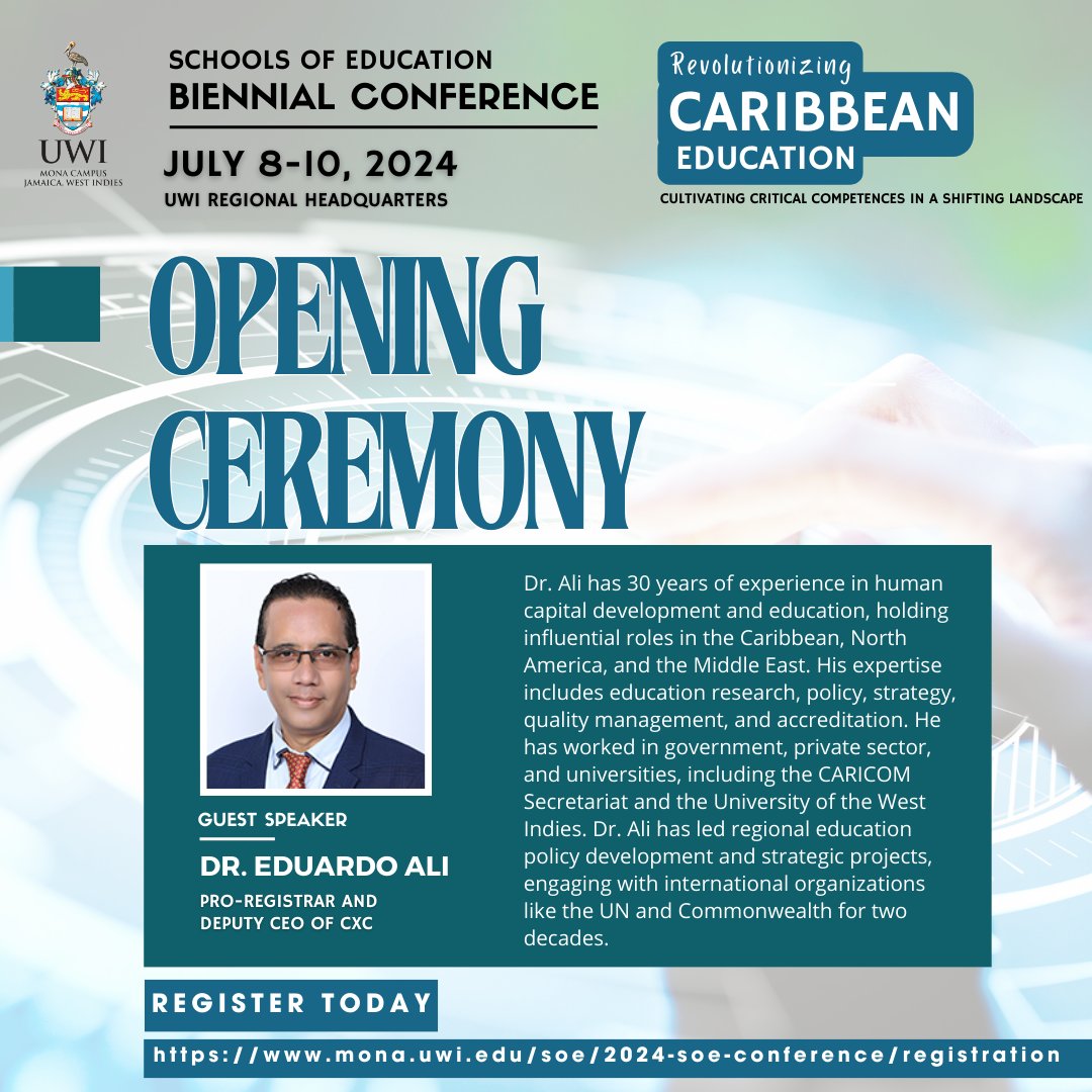 Join us for the Schools of Education Biennial Conference! July 8-10, 2024 at the UWI Regional Headquarters

We're thrilled to announce Dr. Ali as our guest speaker for the opening ceremony.

🔗 For more information and to register now, visit: mona.uwi.edu/soe/2024-soe-c…