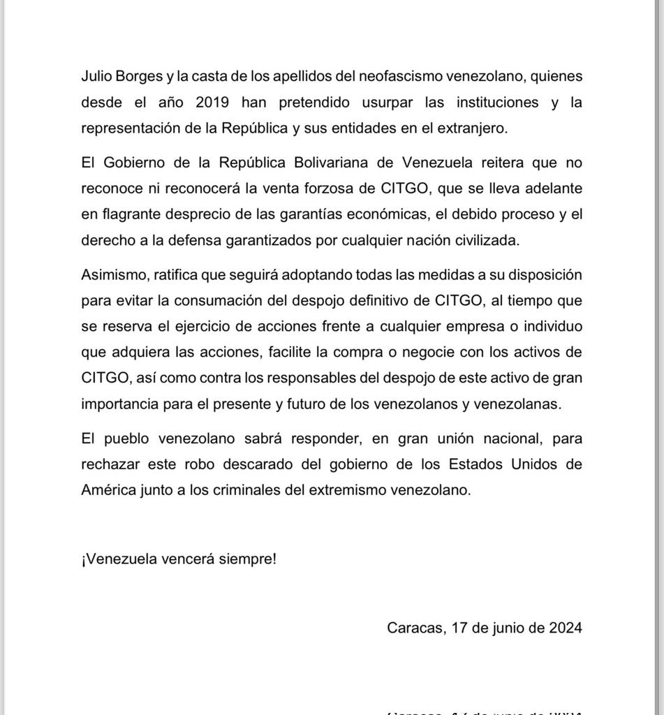 gmhogarespatria's tweet photo. #COMUNICADO🔴| Venezuela rechaza contundentemente el robo de #CITGO, instrumentalizado por  autoridades de los Estados Unidos bajo el pretexto de un procedimiento judicial de venta forzosa de acciones claramente contrario a Derecho.

#CultivamosFuturo https://t.co/hNRVzNDFHX